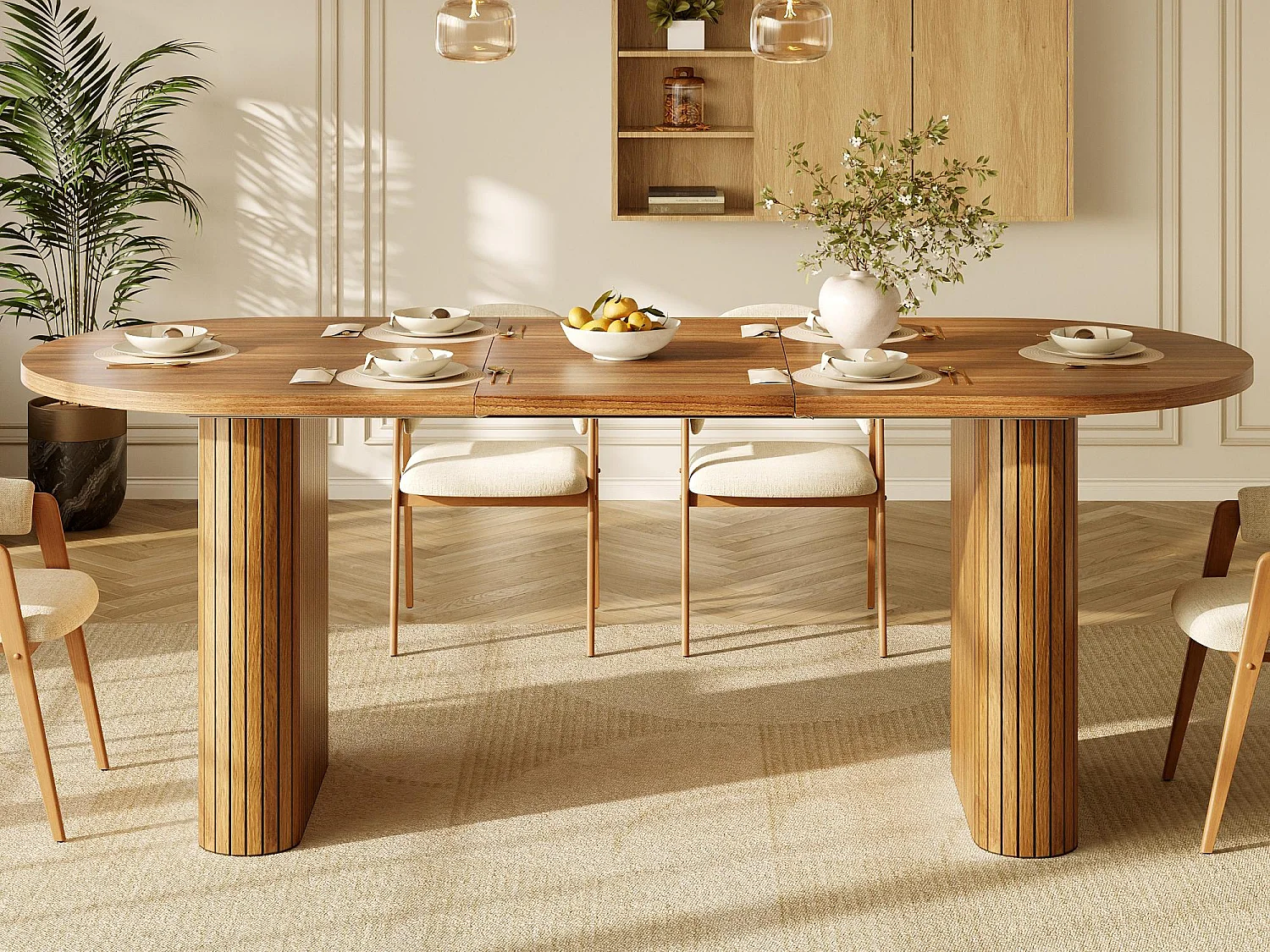 Uitschuifbare eettafel 120-160x80 cm - ovale houten eettafel - verdikt tafelblad - MDF + metaal - Bruin