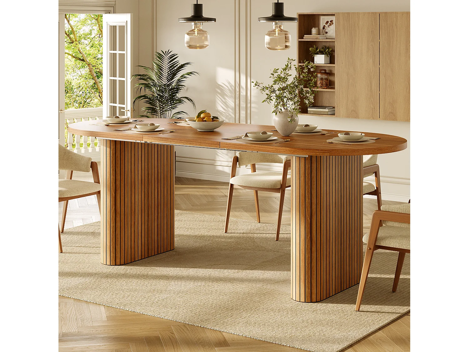 Uitschuifbare eettafel 120-160x80 cm - ovale houten eettafel - verdikt tafelblad - MDF + metaal - Bruin
