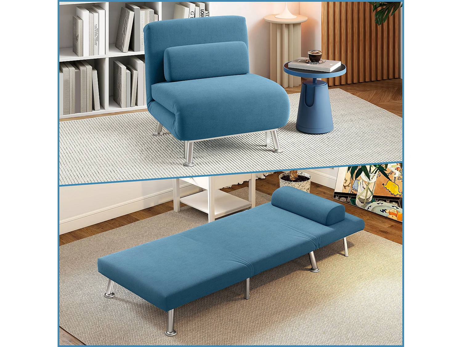Ziel Lika Blue Velvet Single Sleeper Chair Silver Metal Legs