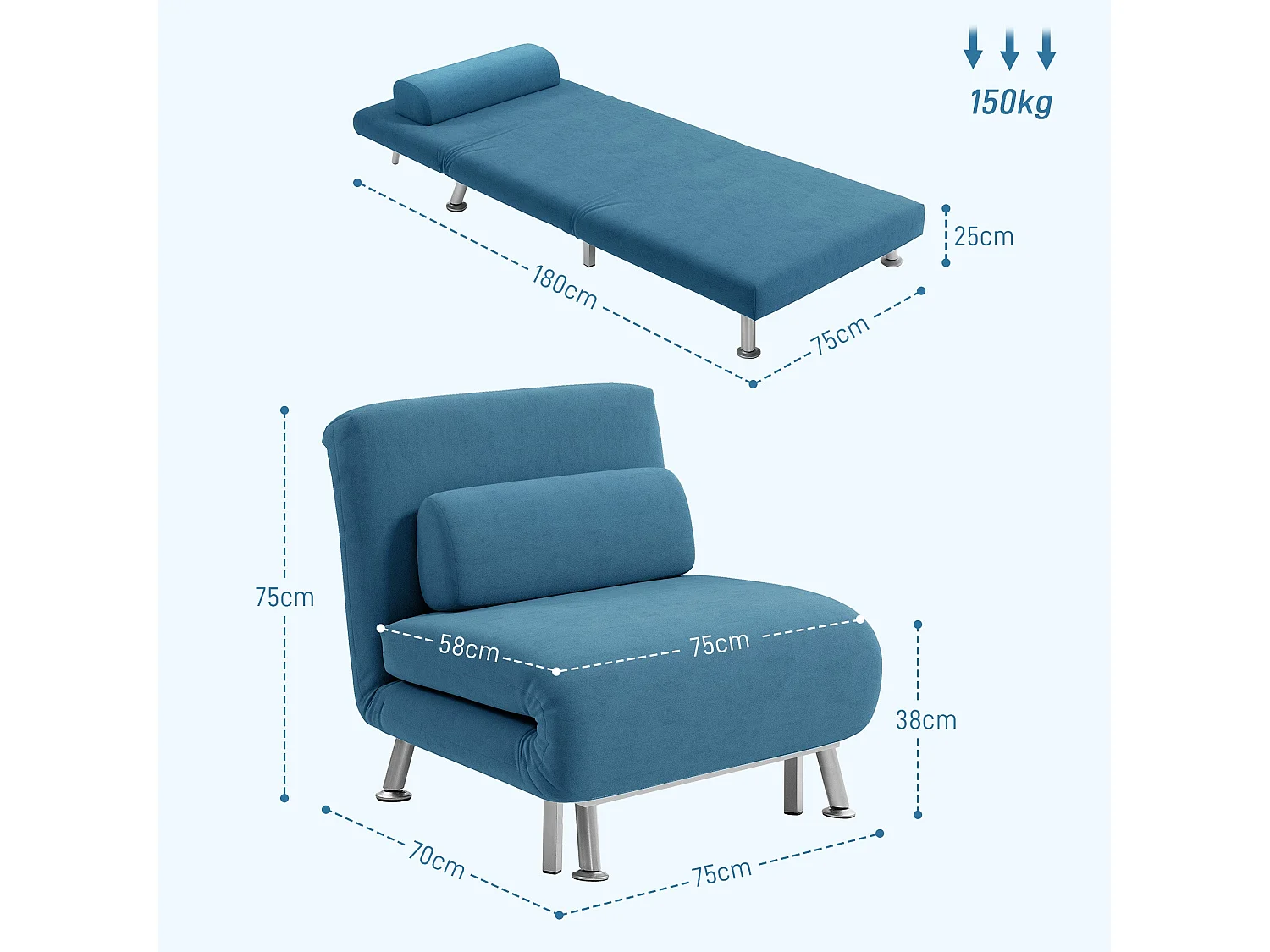 Ziel Lika Blue Velvet Single Sleeper Chair Silver Metal Legs
