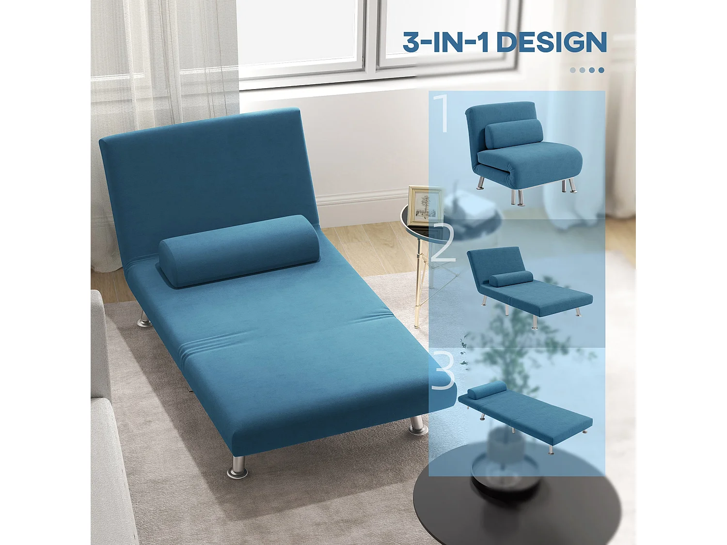 Ziel Lika Blue Velvet Single Sleeper Chair Silver Metal Legs