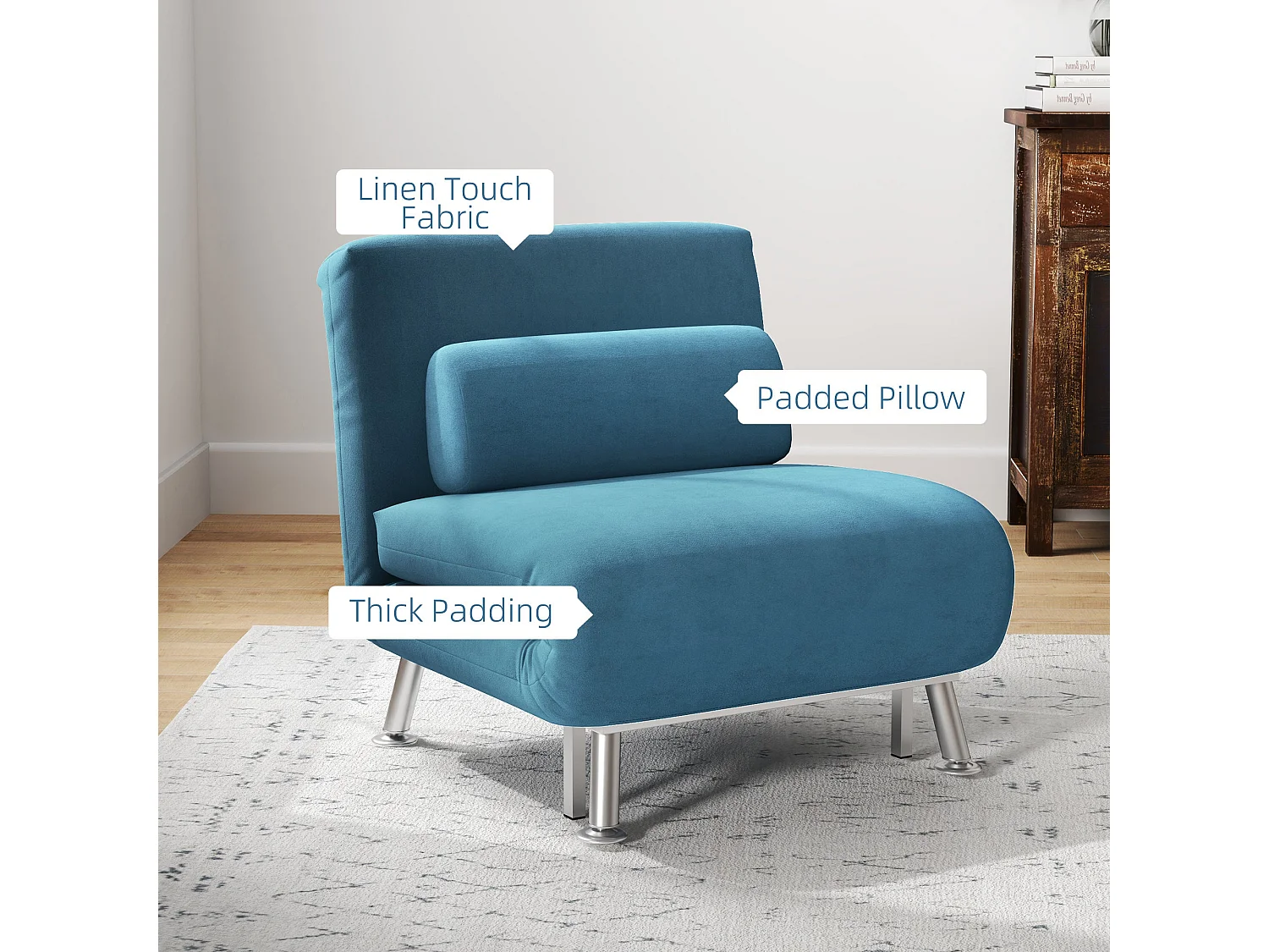 Ziel Lika Blue Velvet Single Sleeper Chair Silver Metal Legs