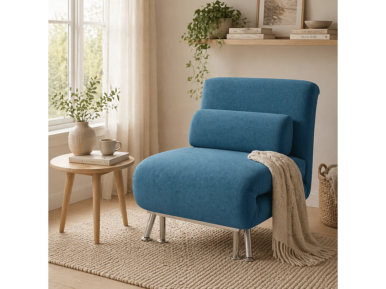 Ziel Lika Blue Velvet Single Sleeper Chair Silver Metal Legs