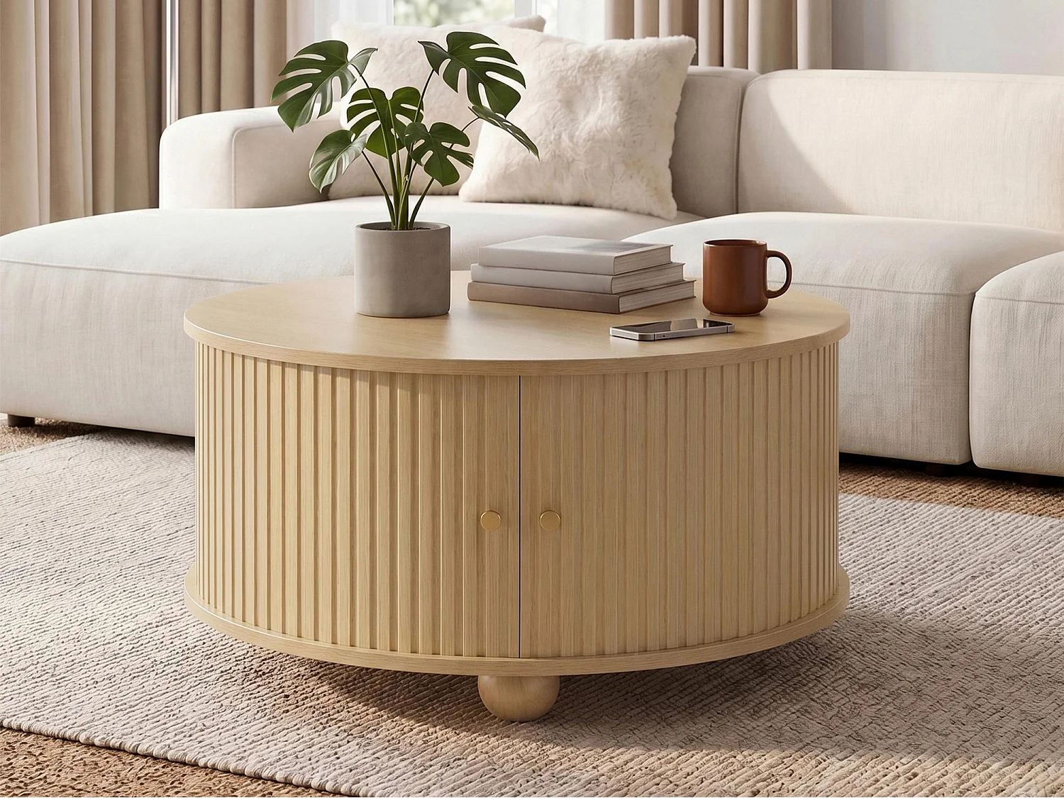 Table basse ronde 72x72x38 cm - 2 portes coulissantes et 4 compartiments de rangement - Pieds sphériques en métal - Naturel