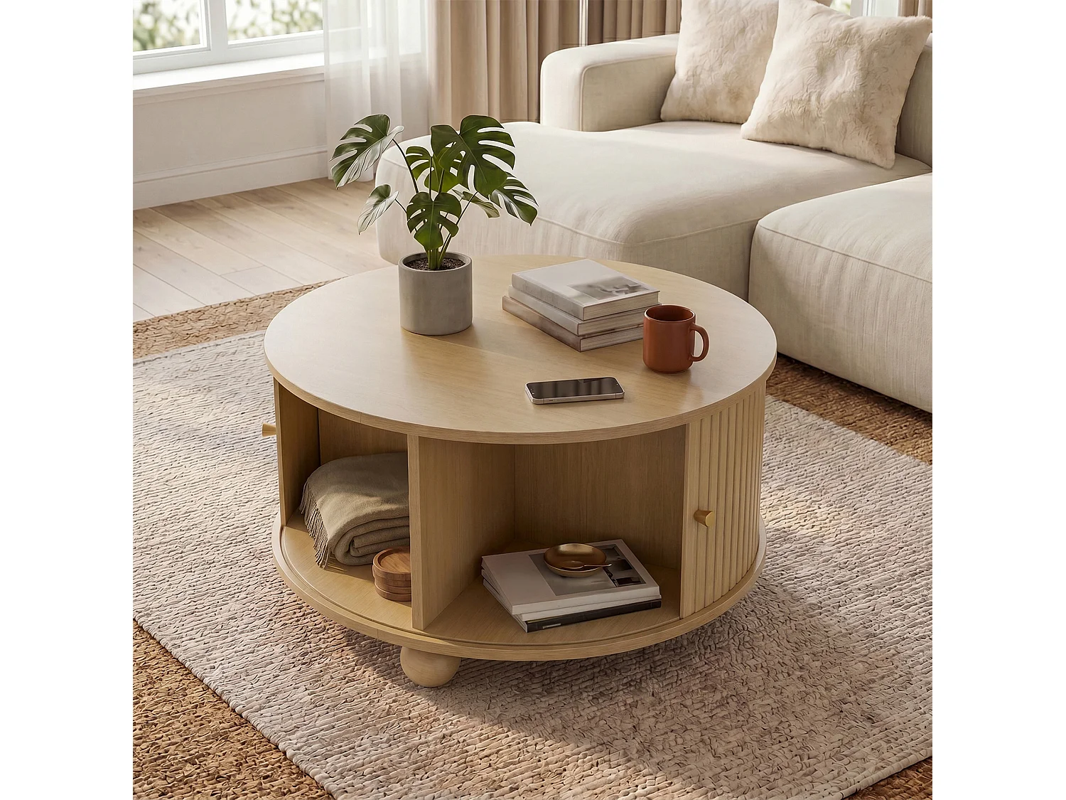 Table basse ronde 72x72x38 cm - 2 portes coulissantes et 4 compartiments de rangement - Pieds sphériques en métal - Naturel