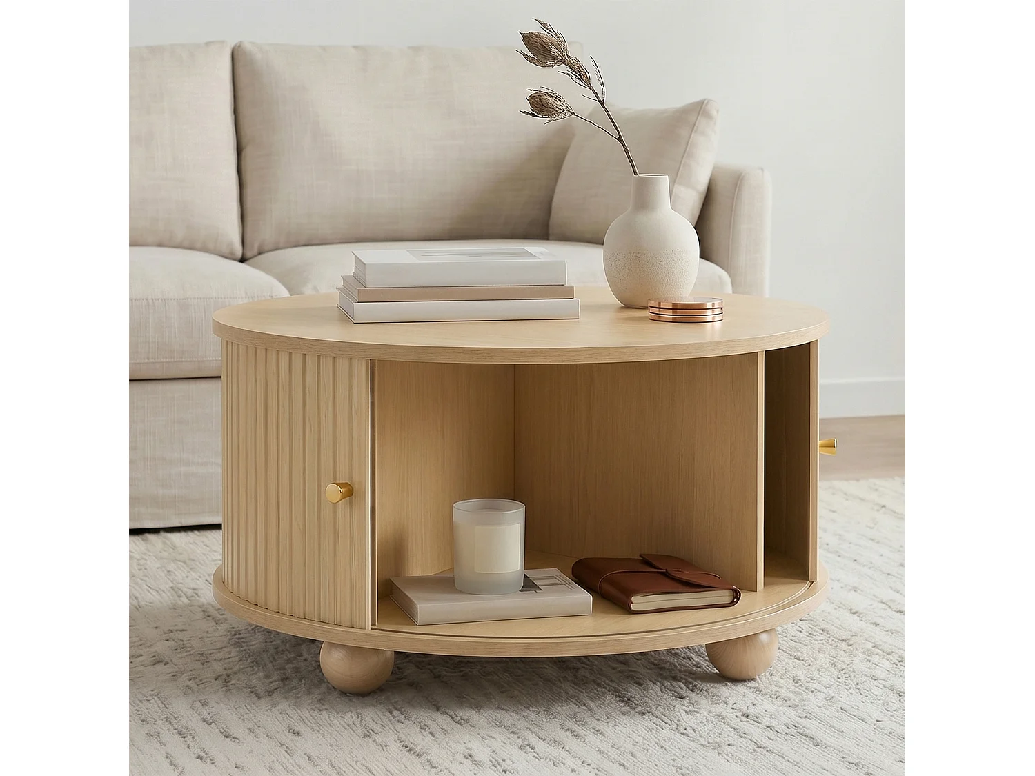 Table basse ronde 72x72x38 cm - 2 portes coulissantes et 4 compartiments de rangement - Pieds sphériques en métal - Naturel