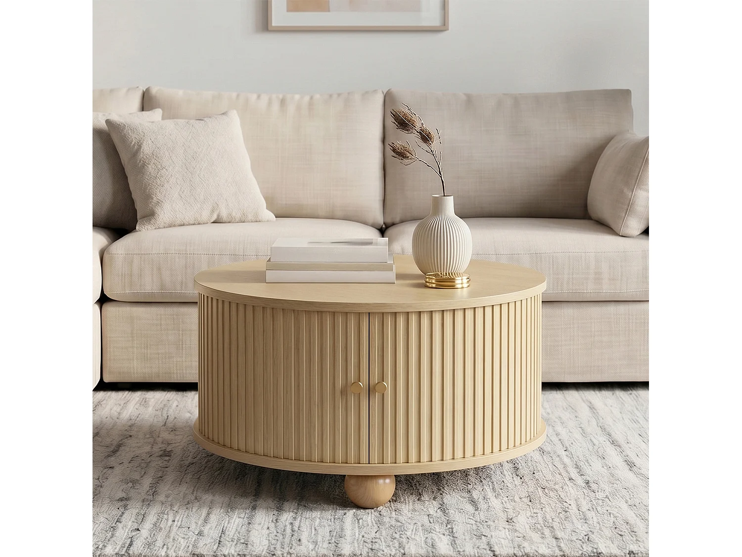 Table basse ronde 72x72x38 cm - 2 portes coulissantes et 4 compartiments de rangement - Pieds sphériques en métal - Naturel