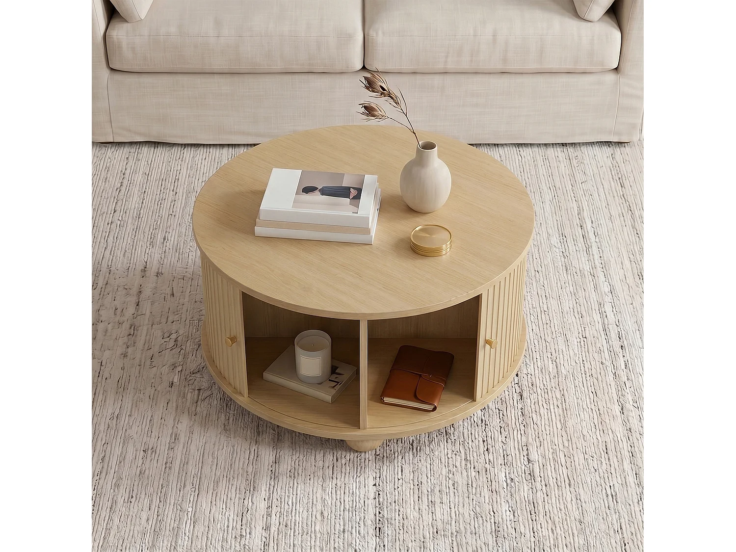 Table basse ronde 72x72x38 cm - 2 portes coulissantes et 4 compartiments de rangement - Pieds sphériques en métal - Naturel