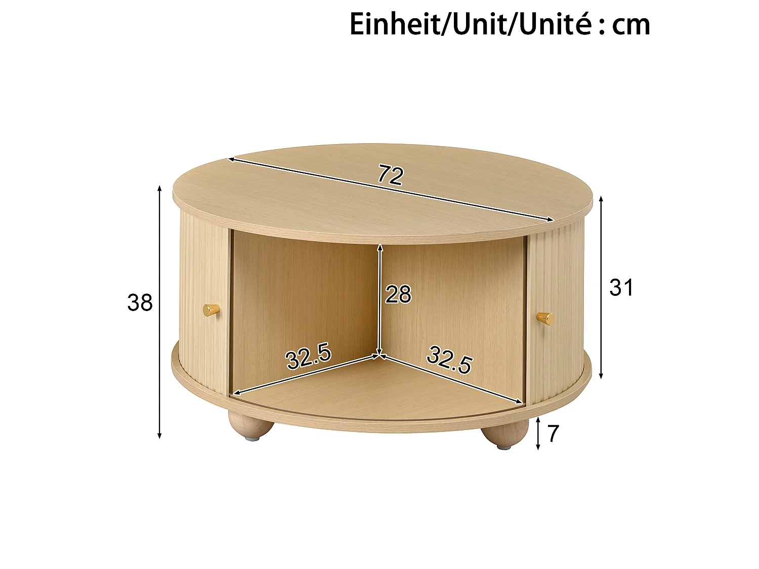 Table basse ronde 72x72x38 cm - 2 portes coulissantes et 4 compartiments de rangement - Pieds sphériques en métal - Naturel