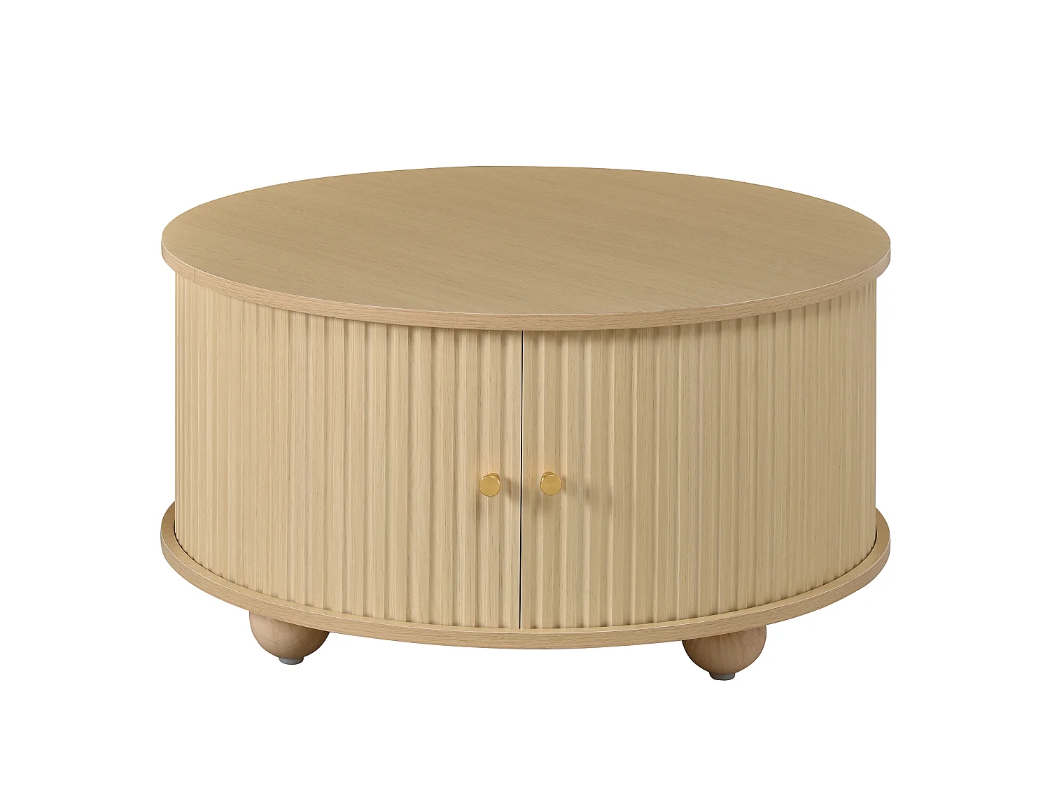 Table basse ronde 72x72x38 cm - 2 portes coulissantes et 4 compartiments de rangement - Pieds sphériques en métal - Naturel