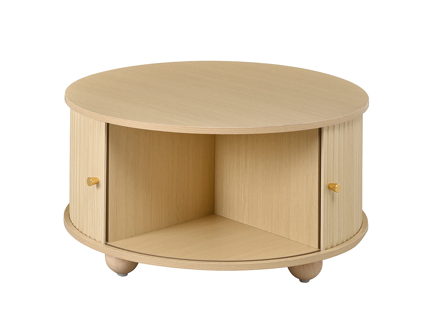 Table basse ronde 72x72x38 cm - 2 portes coulissantes et 4 compartiments de rangement - Pieds sphériques en métal - Naturel