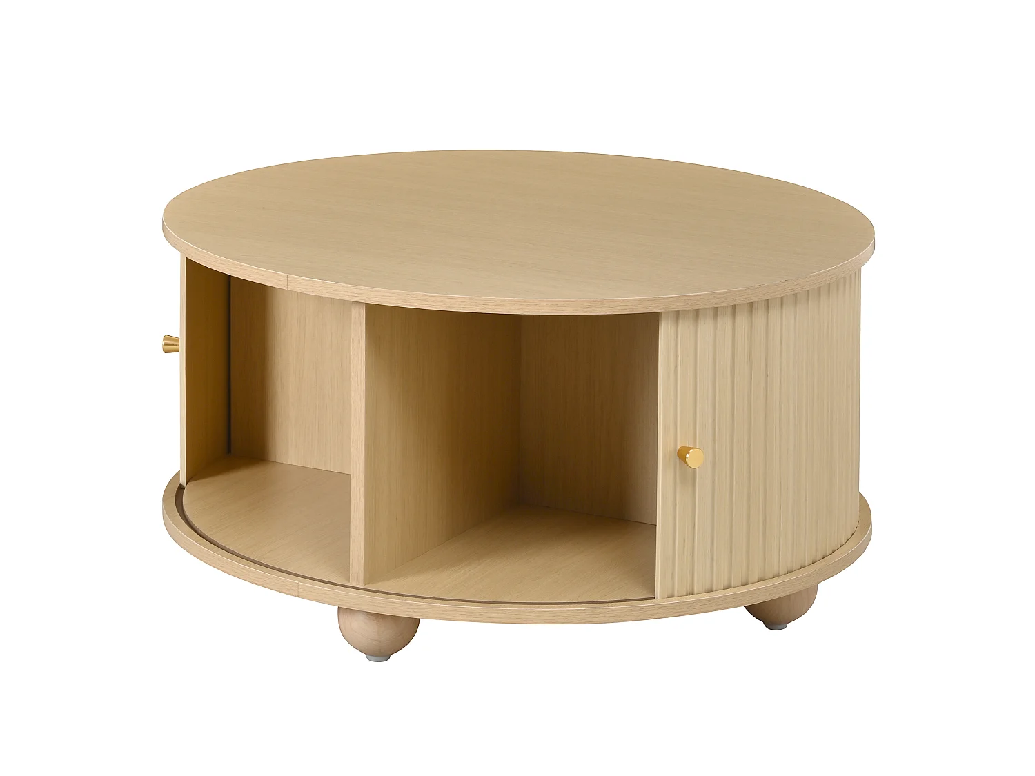 Table basse ronde 72x72x38 cm - 2 portes coulissantes et 4 compartiments de rangement - Pieds sphériques en métal - Naturel