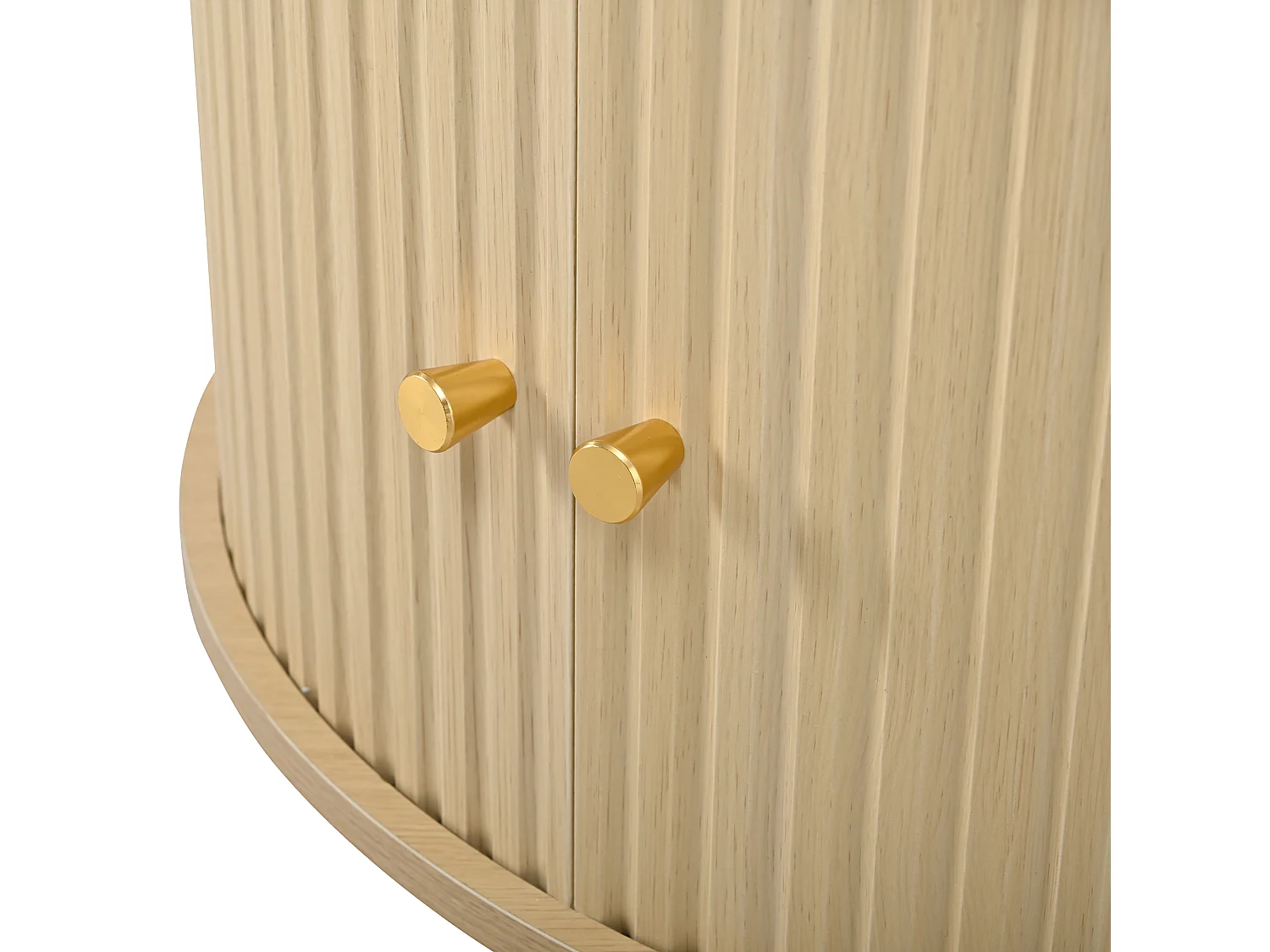 Table basse ronde 72x72x38 cm - 2 portes coulissantes et 4 compartiments de rangement - Pieds sphériques en métal - Naturel