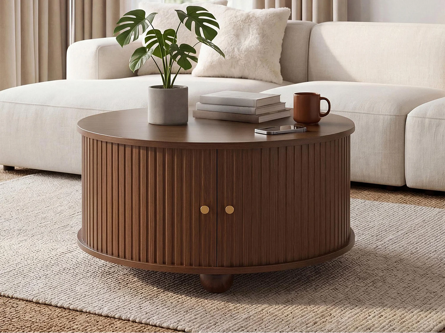 Table basse ronde 72x72x38 cm - 2 portes coulissantes et 4 compartiments de rangement - Pieds sphériques en métal - Marron