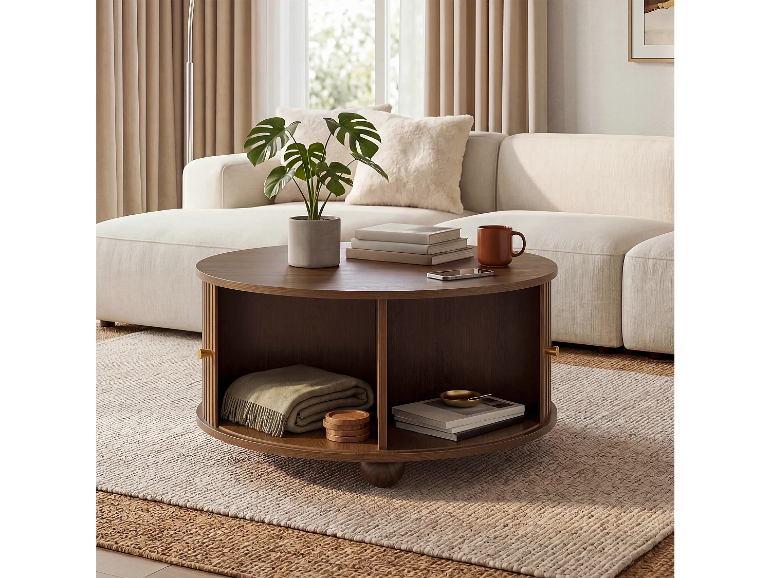 Table basse ronde 72x72x38 cm - 2 portes coulissantes et 4 compartiments de rangement - Pieds sphériques en métal - Marron