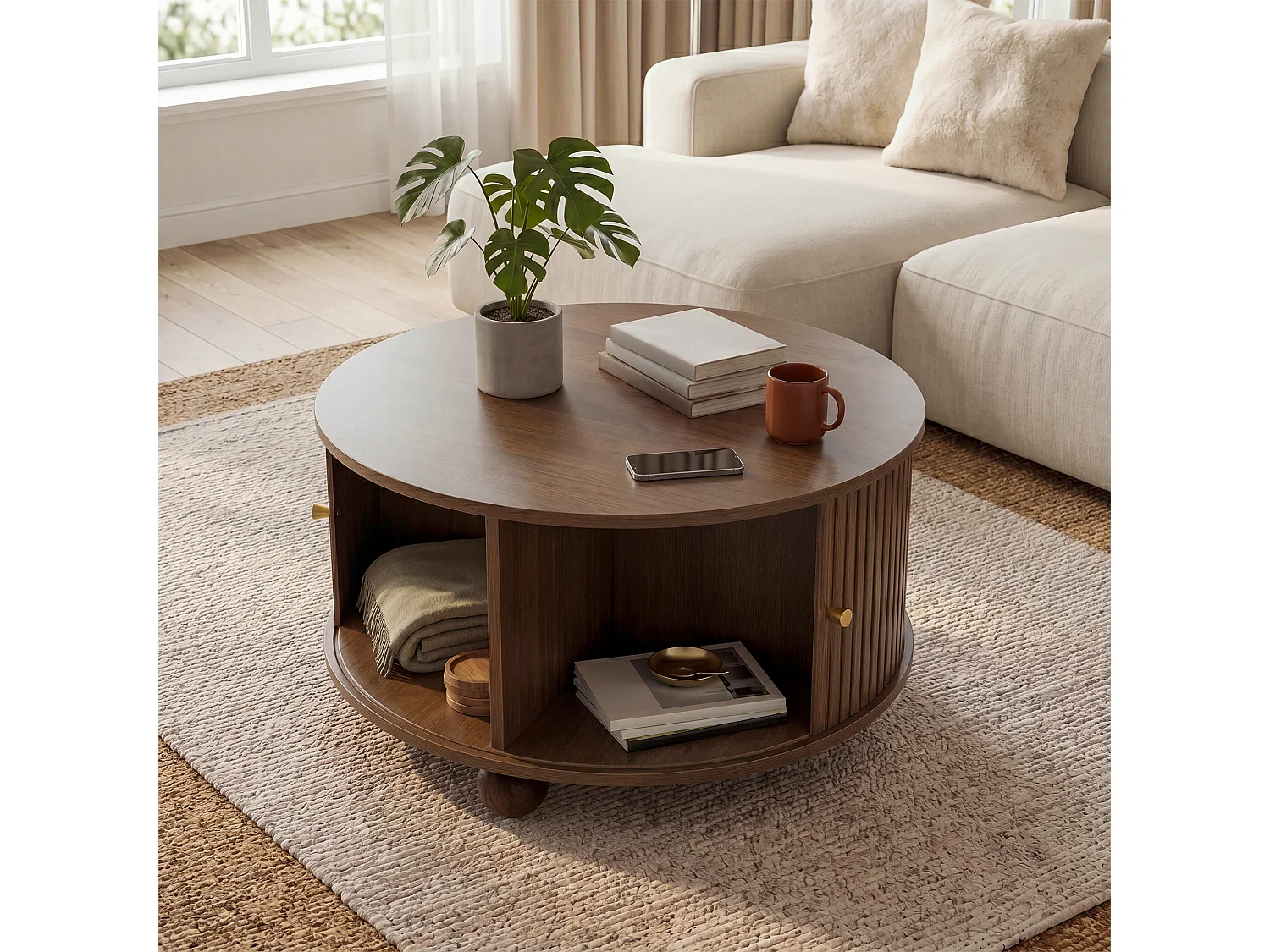 Table basse ronde 72x72x38 cm - 2 portes coulissantes et 4 compartiments de rangement - Pieds sphériques en métal - Marron
