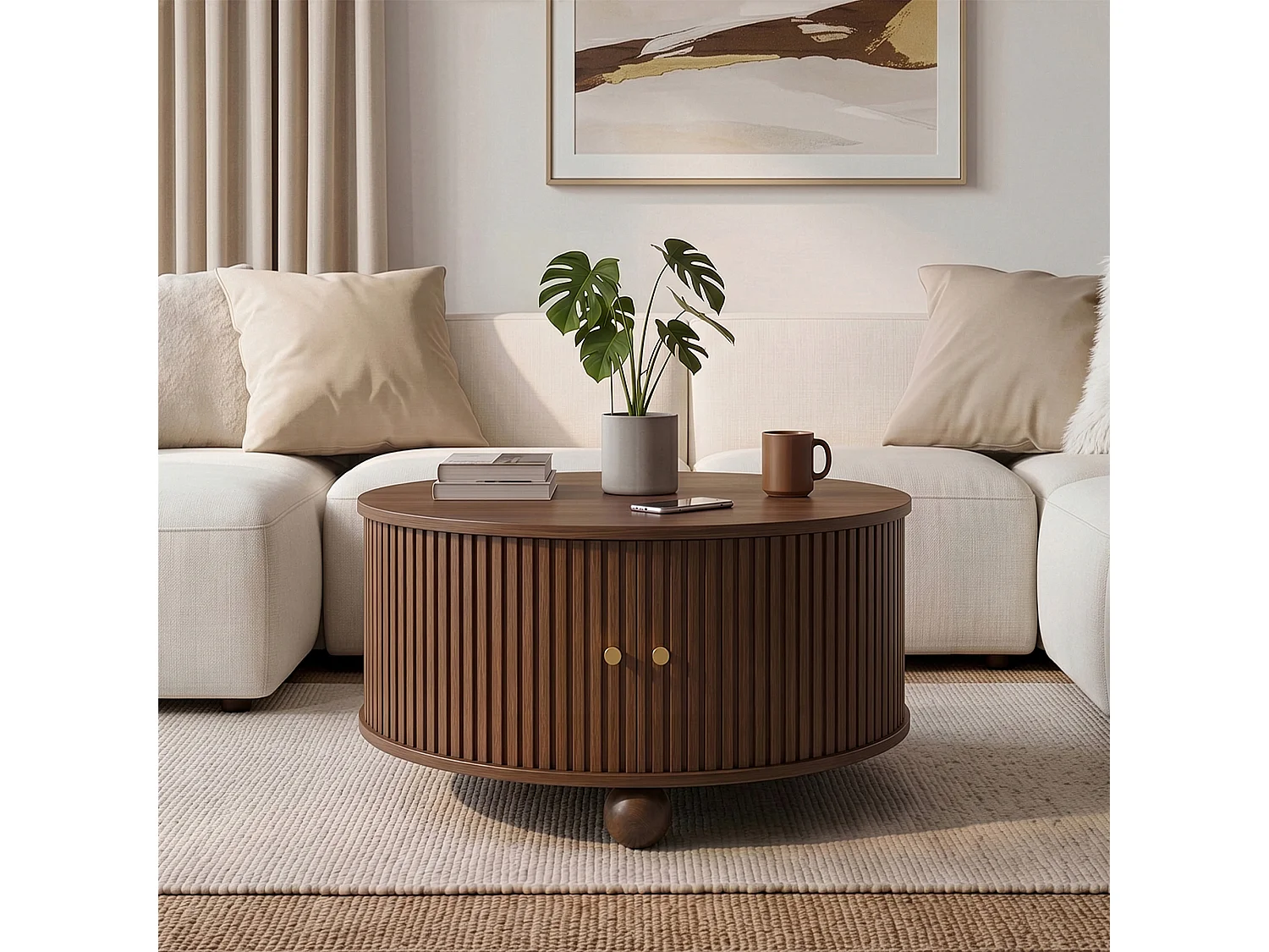 Table basse ronde 72x72x38 cm - 2 portes coulissantes et 4 compartiments de rangement - Pieds sphériques en métal - Marron