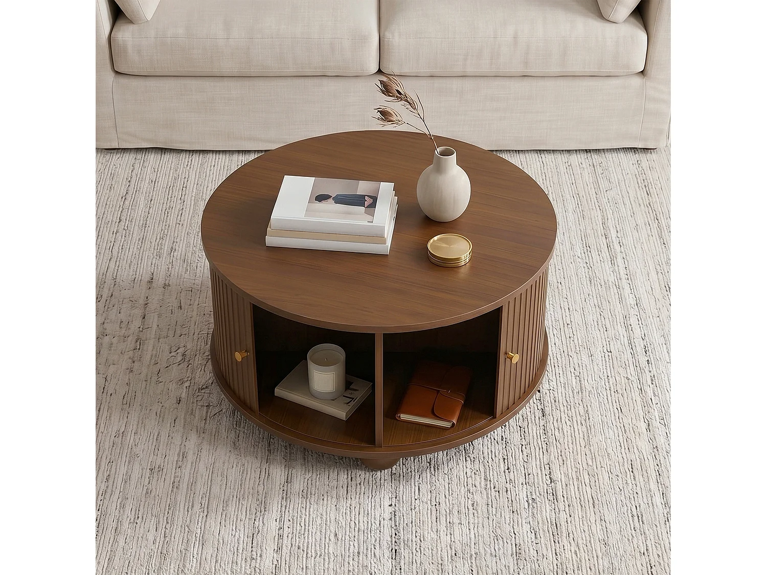 Table basse ronde 72x72x38 cm - 2 portes coulissantes et 4 compartiments de rangement - Pieds sphériques en métal - Marron