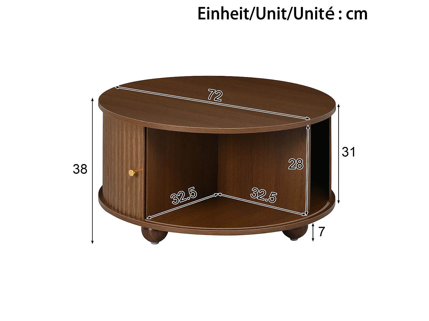 Table basse ronde 72x72x38 cm - 2 portes coulissantes et 4 compartiments de rangement - Pieds sphériques en métal - Marron