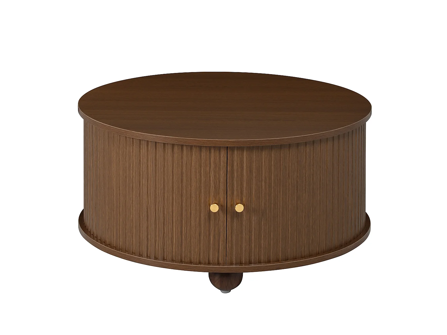 Table basse ronde 72x72x38 cm - 2 portes coulissantes et 4 compartiments de rangement - Pieds sphériques en métal - Marron