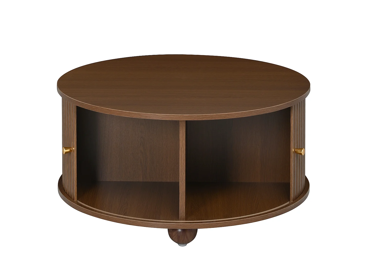 Table basse ronde 72x72x38 cm - 2 portes coulissantes et 4 compartiments de rangement - Pieds sphériques en métal - Marron