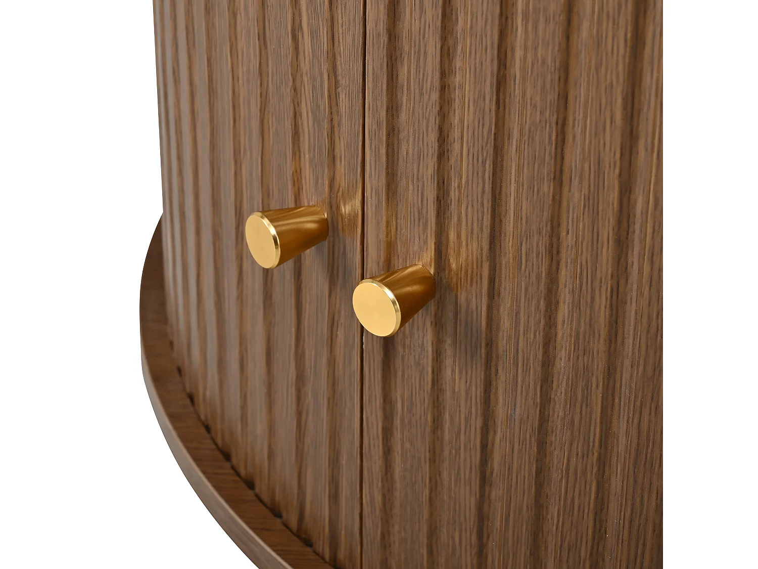 Table basse ronde 72x72x38 cm - 2 portes coulissantes et 4 compartiments de rangement - Pieds sphériques en métal - Marron