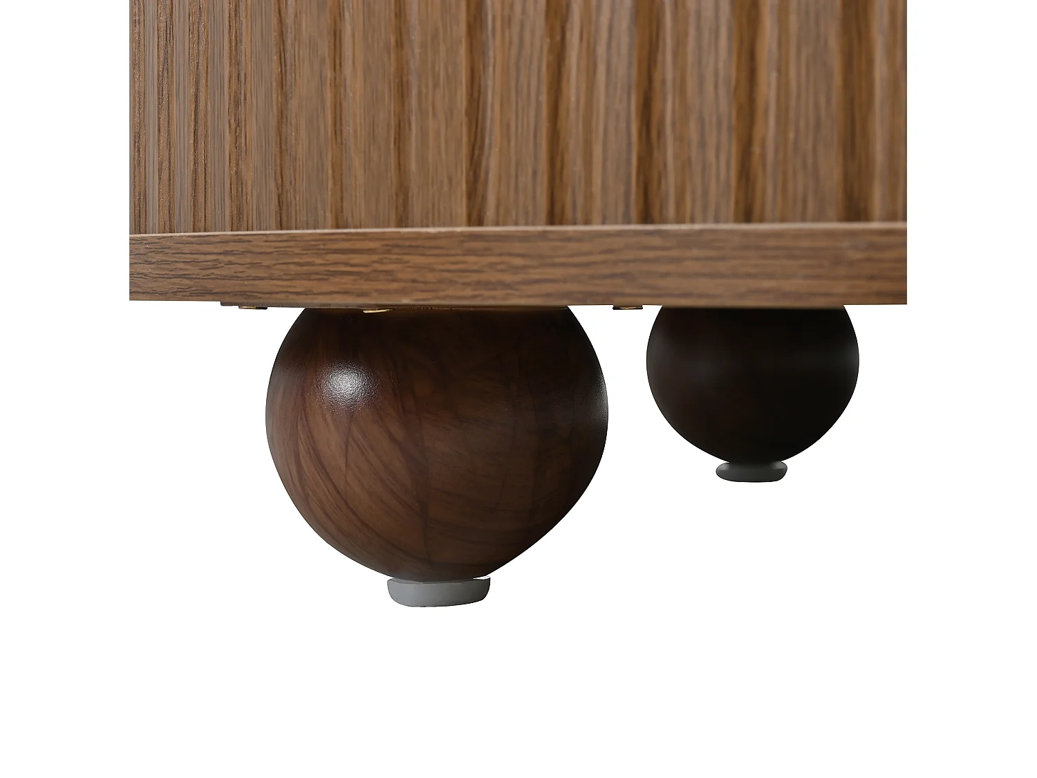 Table basse ronde 72x72x38 cm - 2 portes coulissantes et 4 compartiments de rangement - Pieds sphériques en métal - Marron