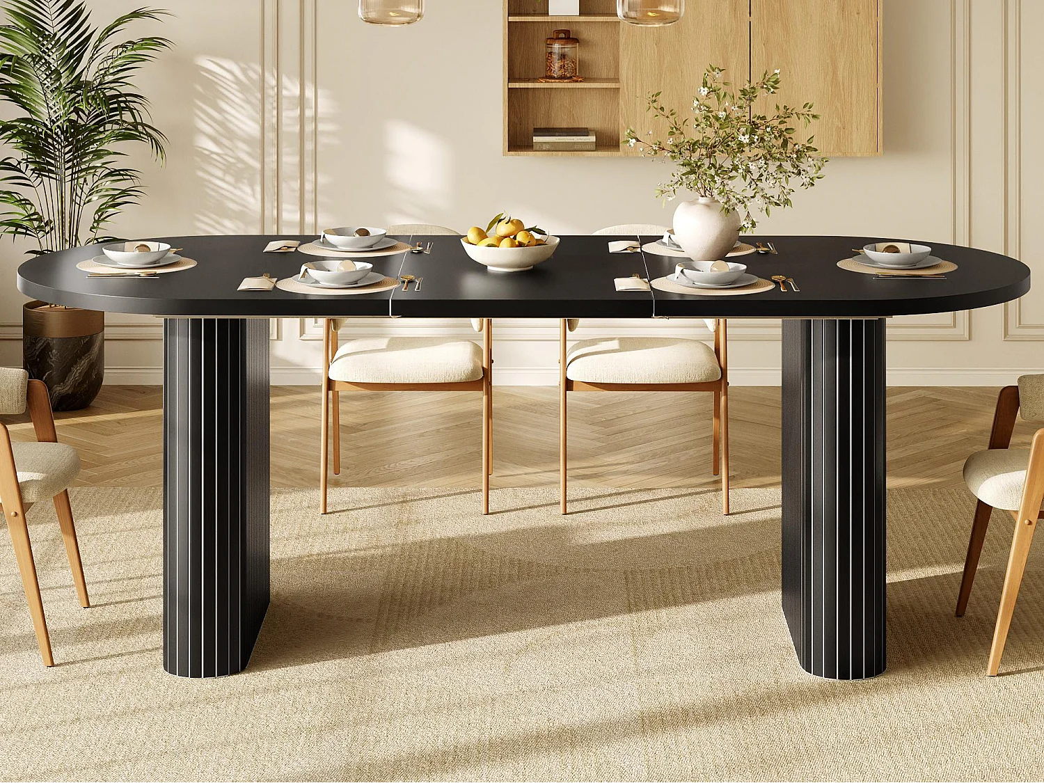 Table à Manger Extensible 120-160x80cm - table à manger ovale en bois - bureau épaissi - MDF + métal - Noir