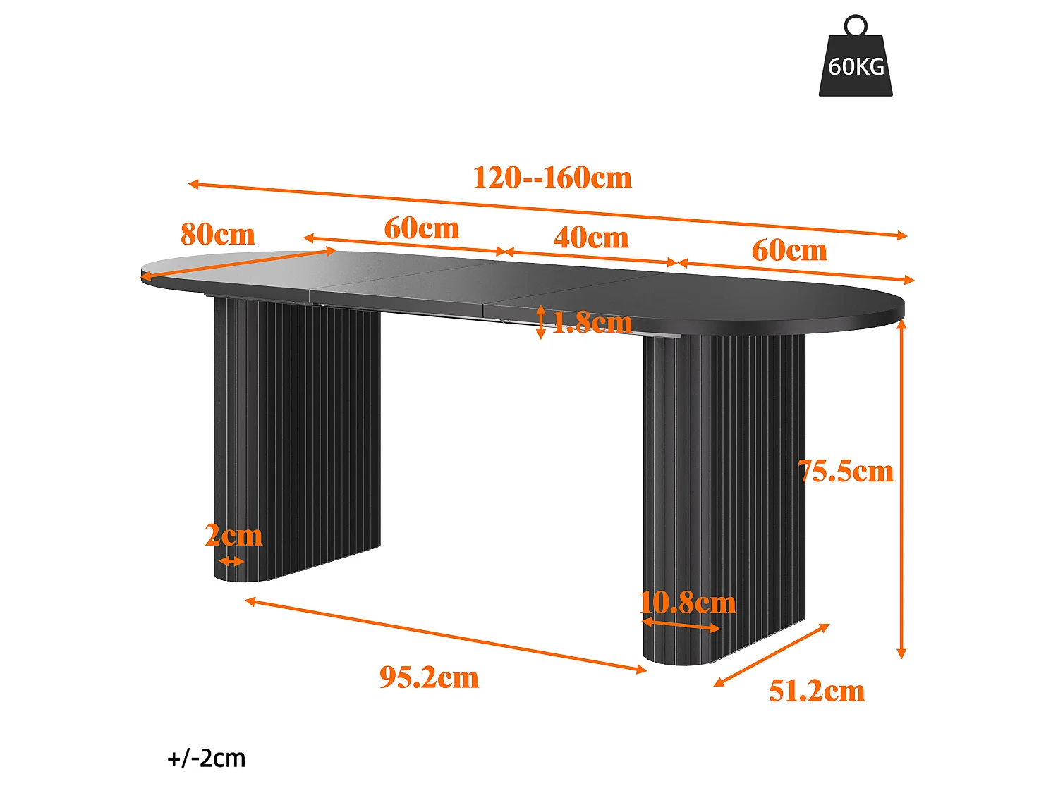 Table à Manger Extensible 120-160x80cm - table à manger ovale en bois - bureau épaissi - MDF + métal - Noir