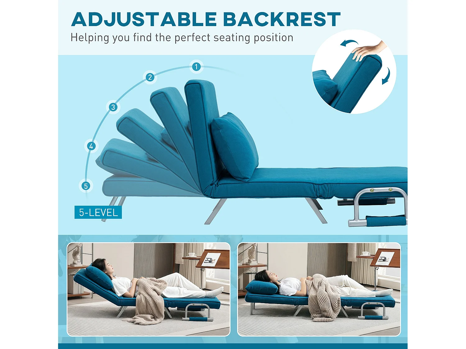Neyo Blue Faux Suede 4 in 1 Convertible Chair Bed