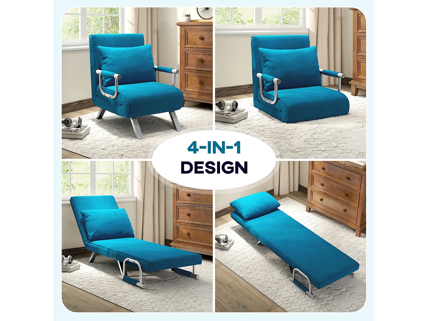 Neyo Blue Faux Suede 4 in 1 Convertible Chair Bed