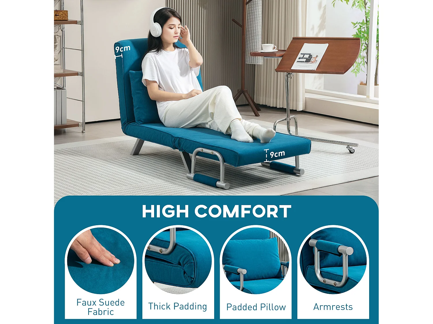 Neyo Blue Faux Suede 4 in 1 Convertible Chair Bed