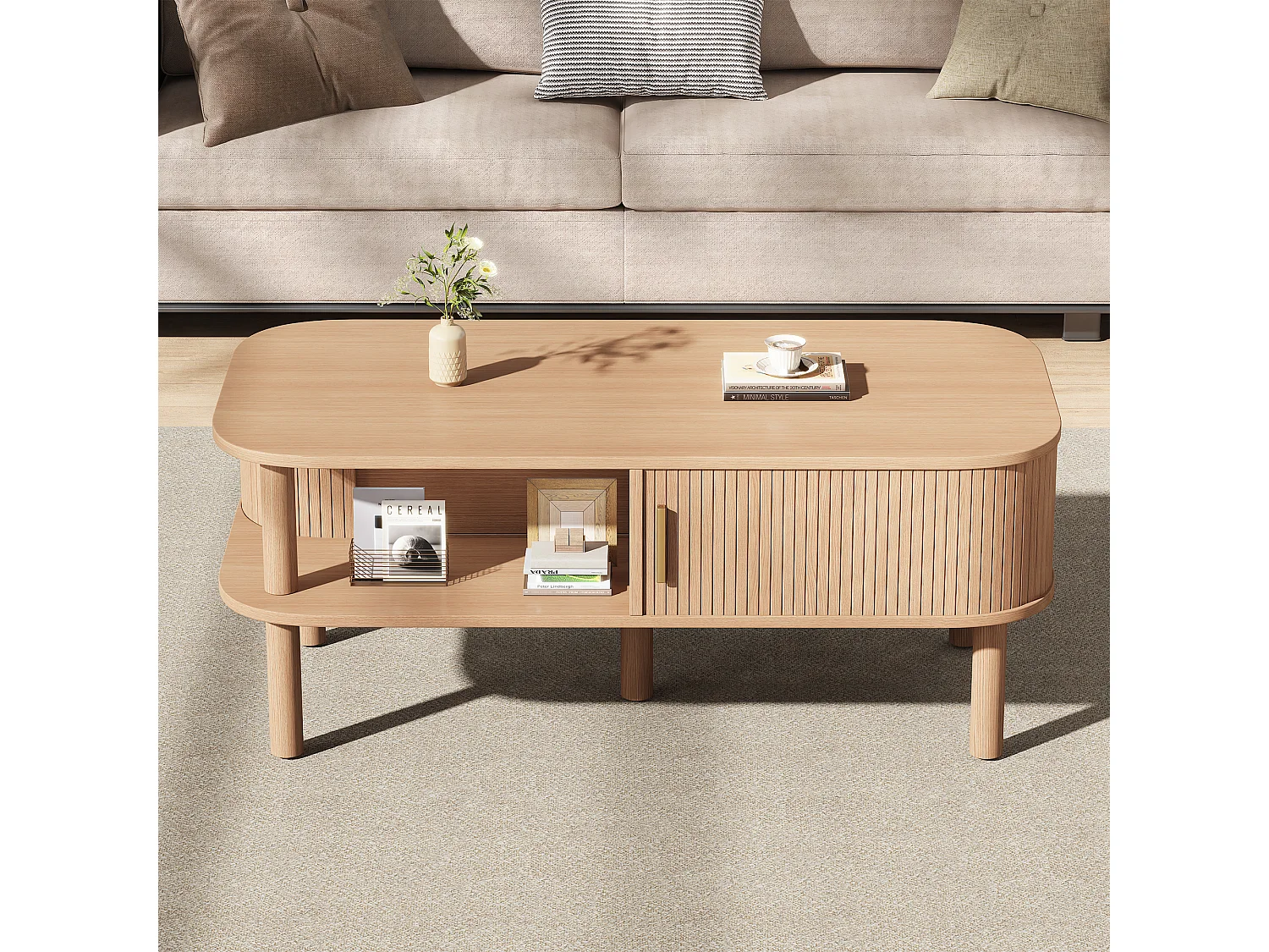 Couchtisch 110x55x45 cm - Beistelltisch - mit Schiebetür und offenen Ablagefächern - MDF - Natur