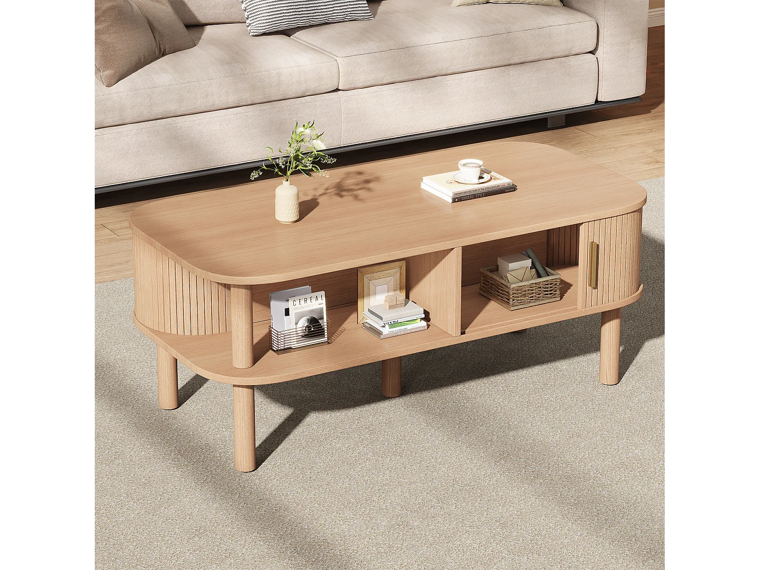 Couchtisch 110x55x45 cm - Beistelltisch - mit Schiebetür und offenen Ablagefächern - MDF - Natur