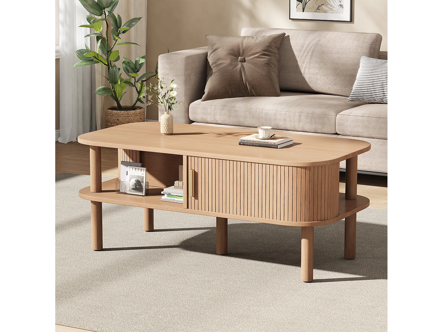 Couchtisch 110x55x45 cm - Beistelltisch - mit Schiebetür und offenen Ablagefächern - MDF - Natur