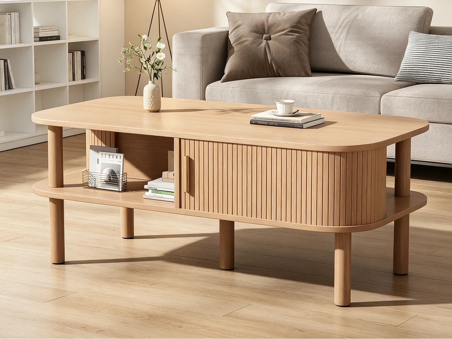 Couchtisch 110x55x45 cm - Beistelltisch - mit Schiebetür und offenen Ablagefächern - MDF - Natur