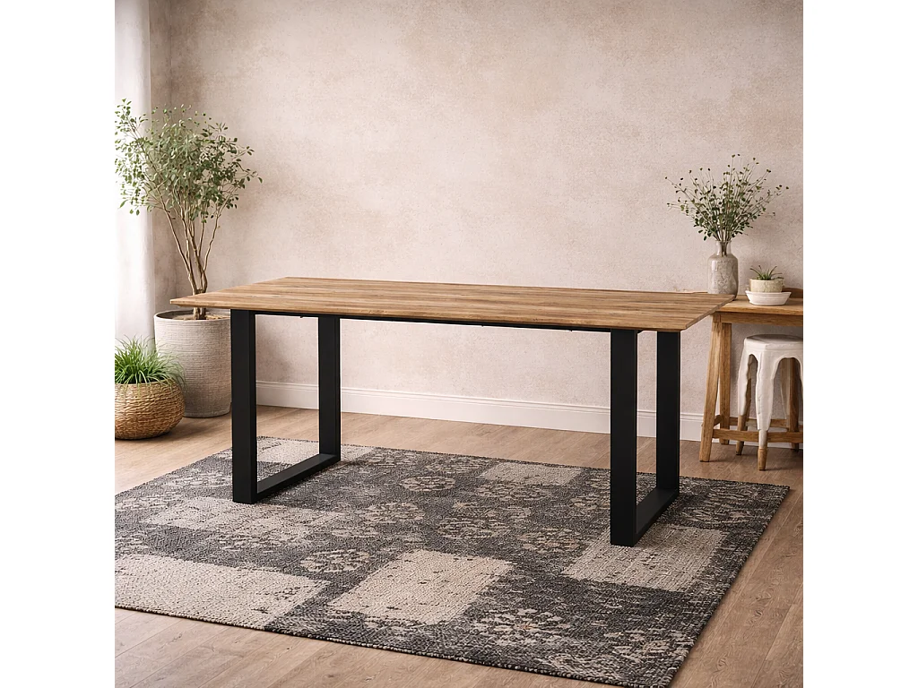Sazzuma Rectangular Dining Table Wood Effect Top Black U Shaped Metal Legs