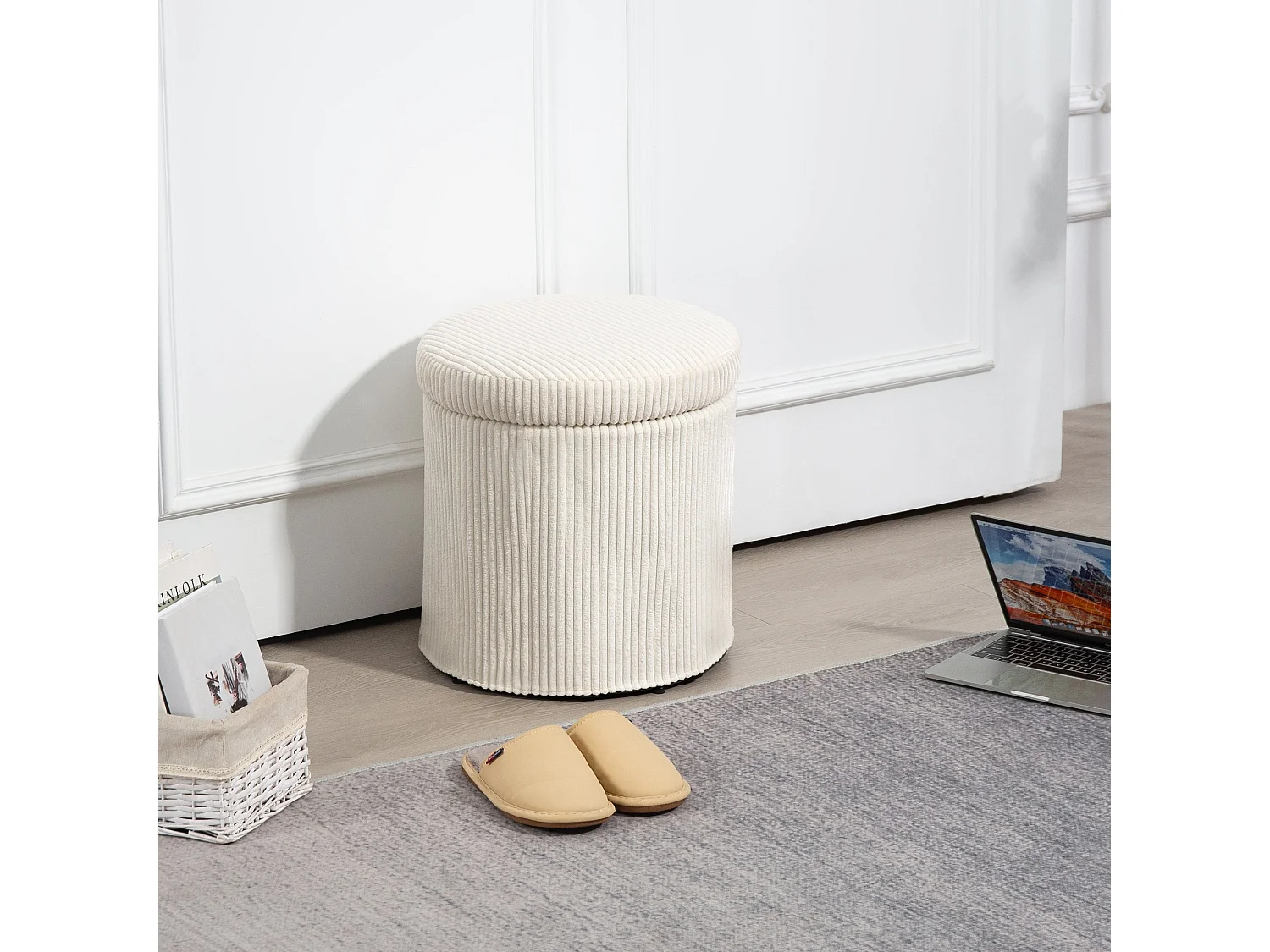 Rokael Round Beige Corduroy Storage Ottoman with Removable Lid