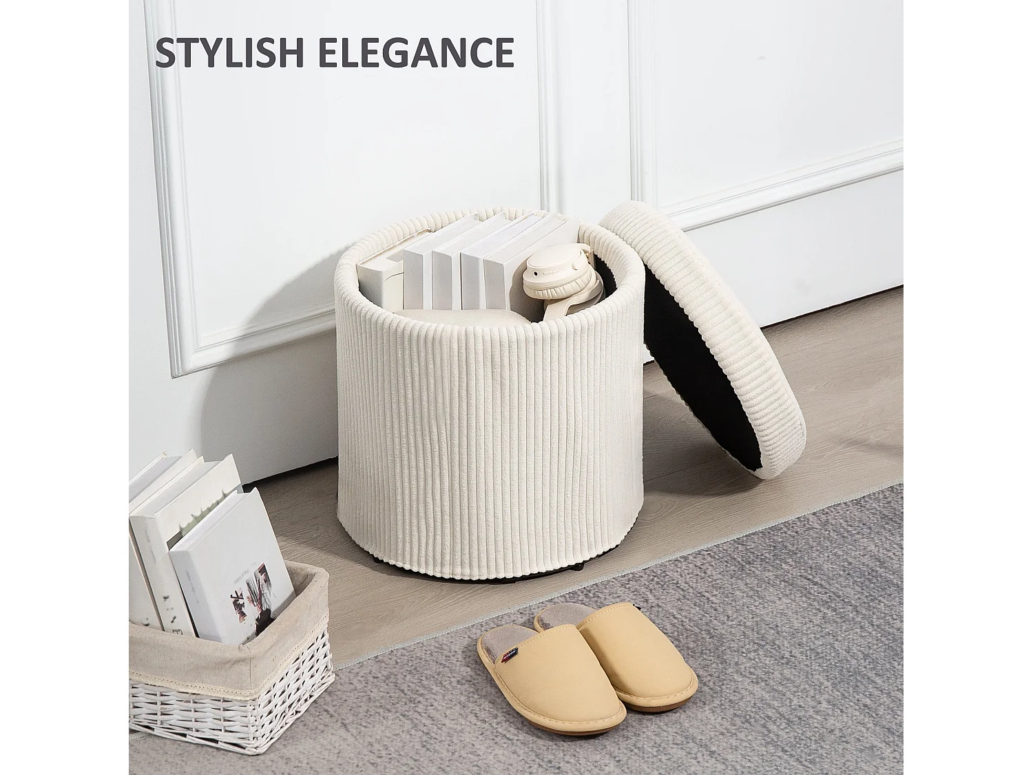 Rokael Round Beige Corduroy Storage Ottoman with Removable Lid