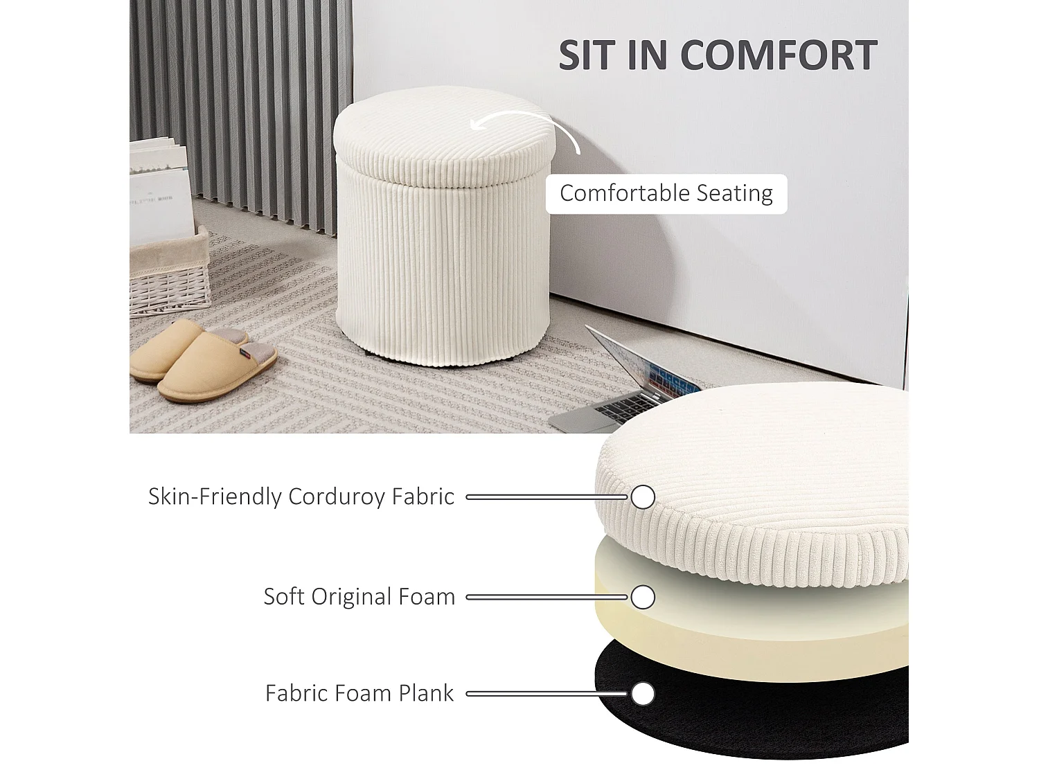 Rokael Round Beige Corduroy Storage Ottoman with Removable Lid