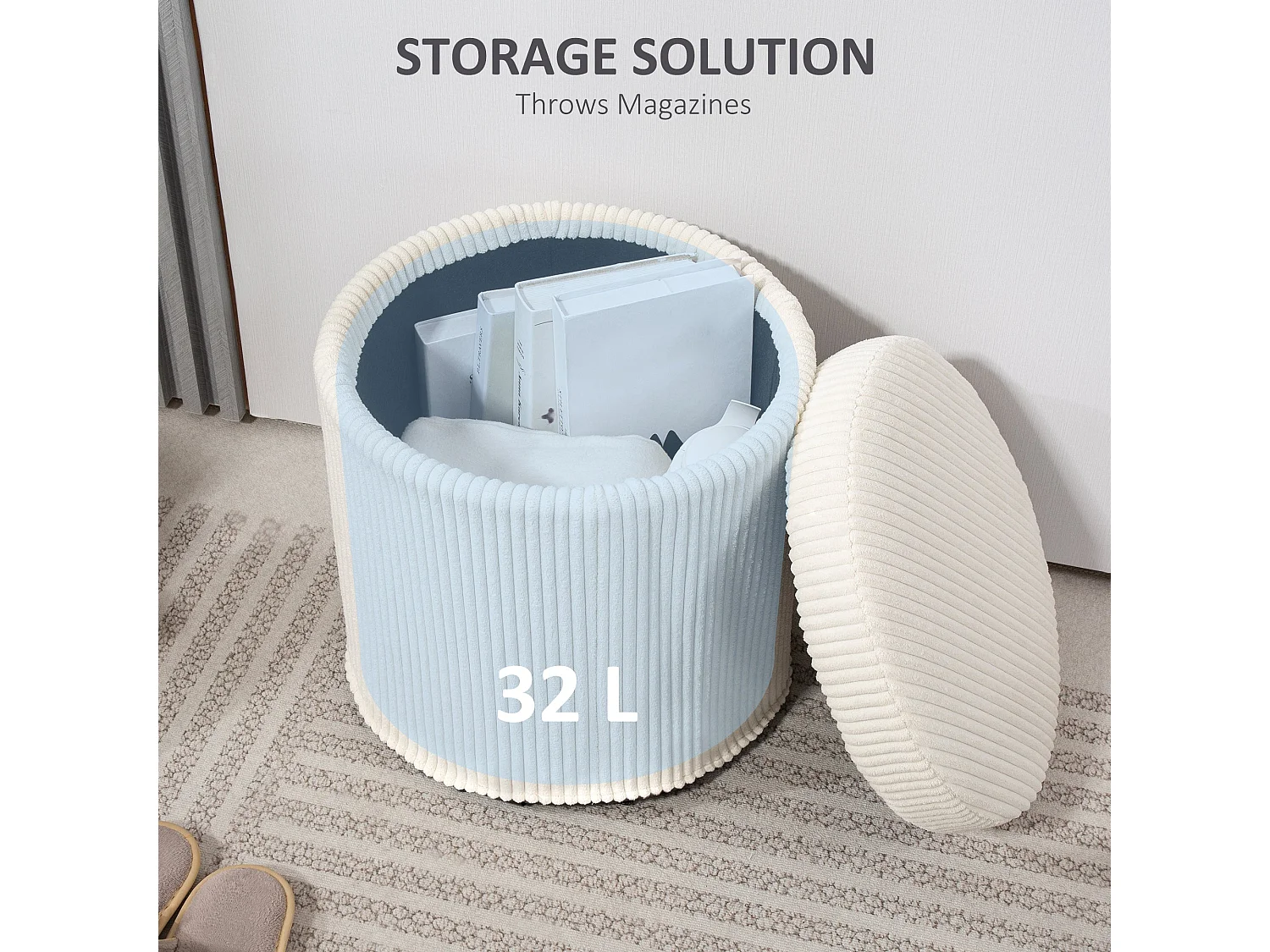 Rokael Round Beige Corduroy Storage Ottoman with Removable Lid