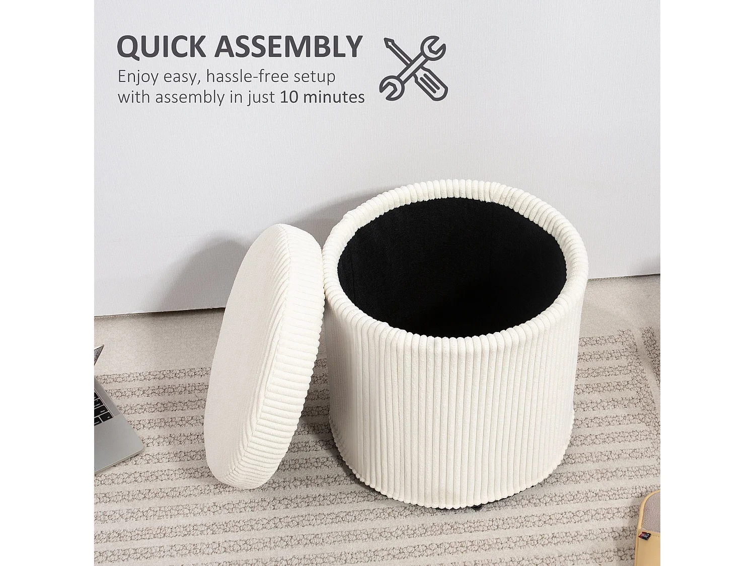 Rokael Round Beige Corduroy Storage Ottoman with Removable Lid