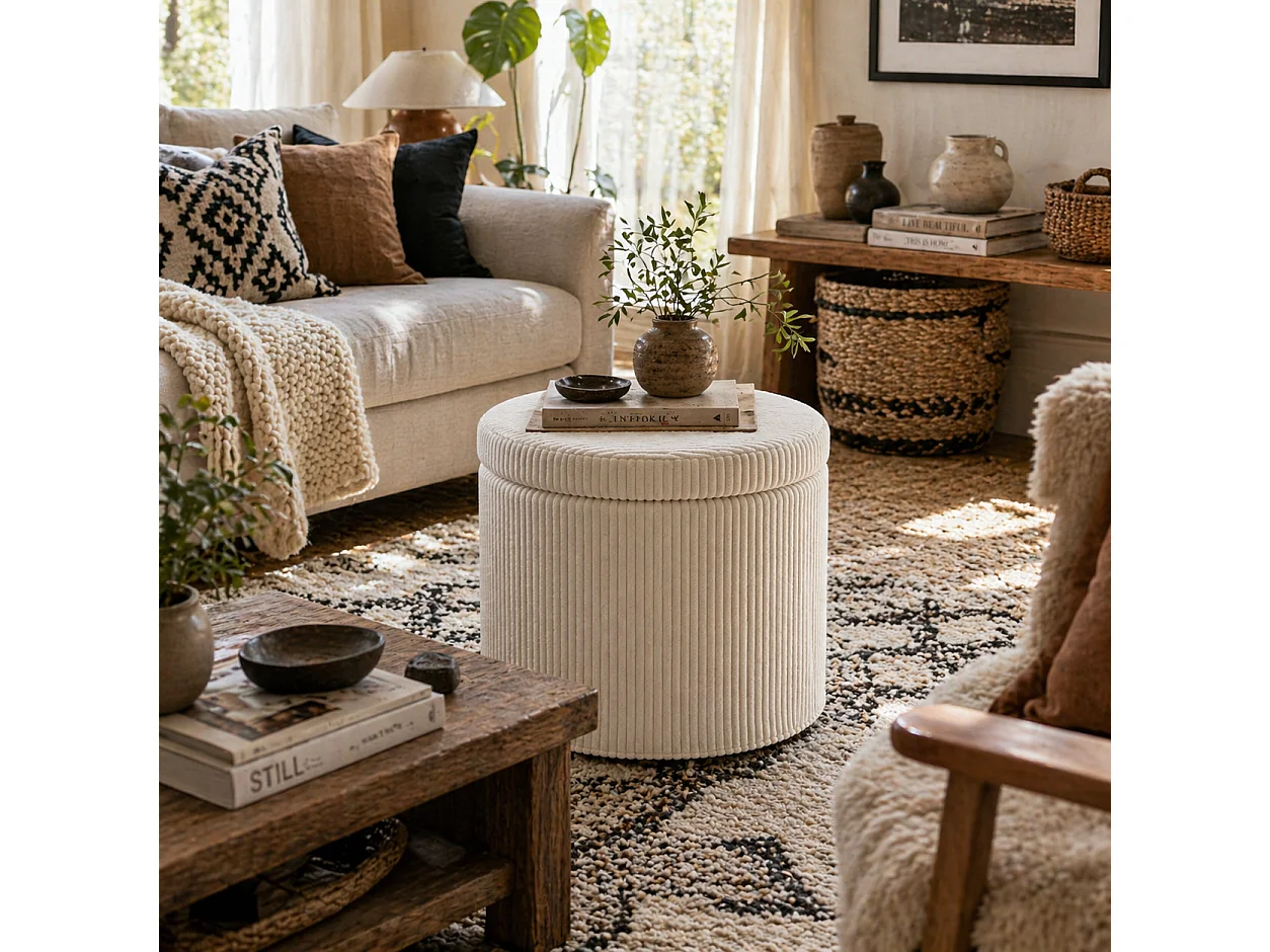 Rokael Round Beige Corduroy Storage Ottoman with Removable Lid