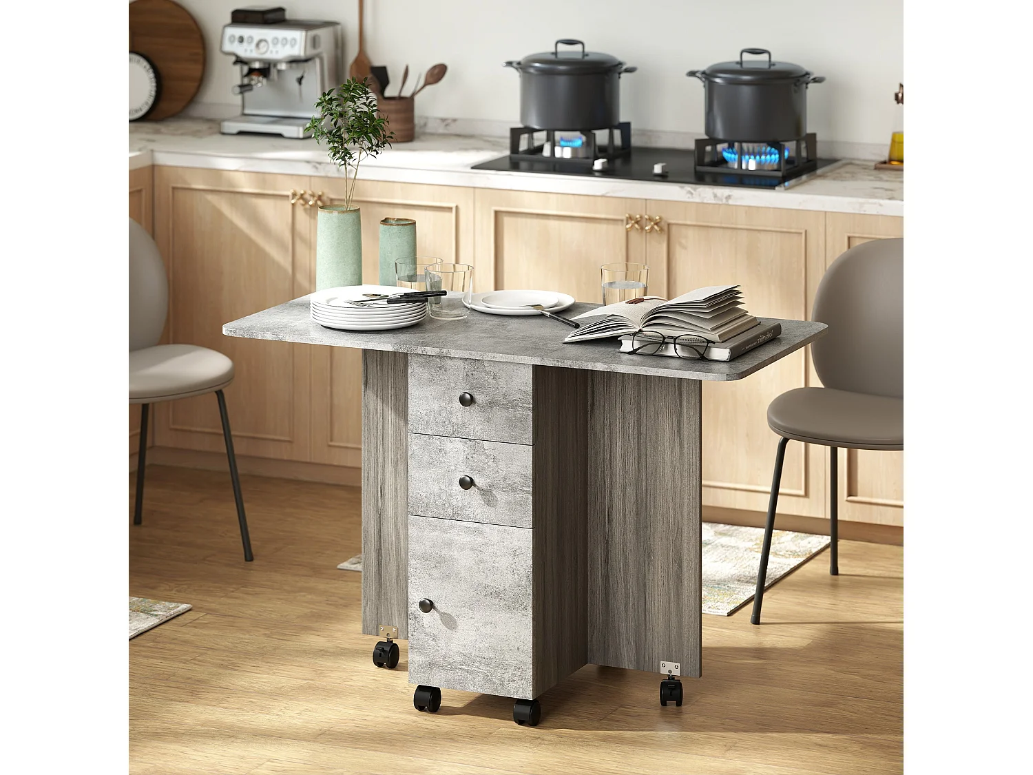 Dorette Mixed Grey Drop Leaf Dining Table with Storage Seats 4 6