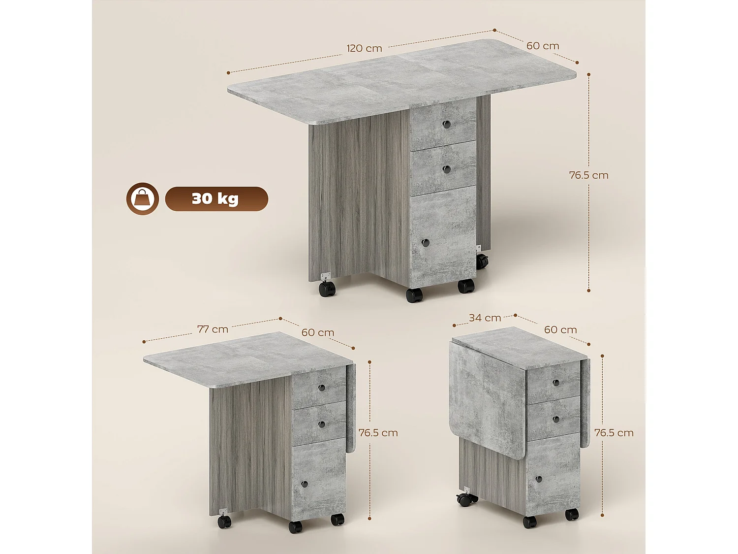Dorette Mixed Grey Drop Leaf Dining Table with Storage Seats 4 6