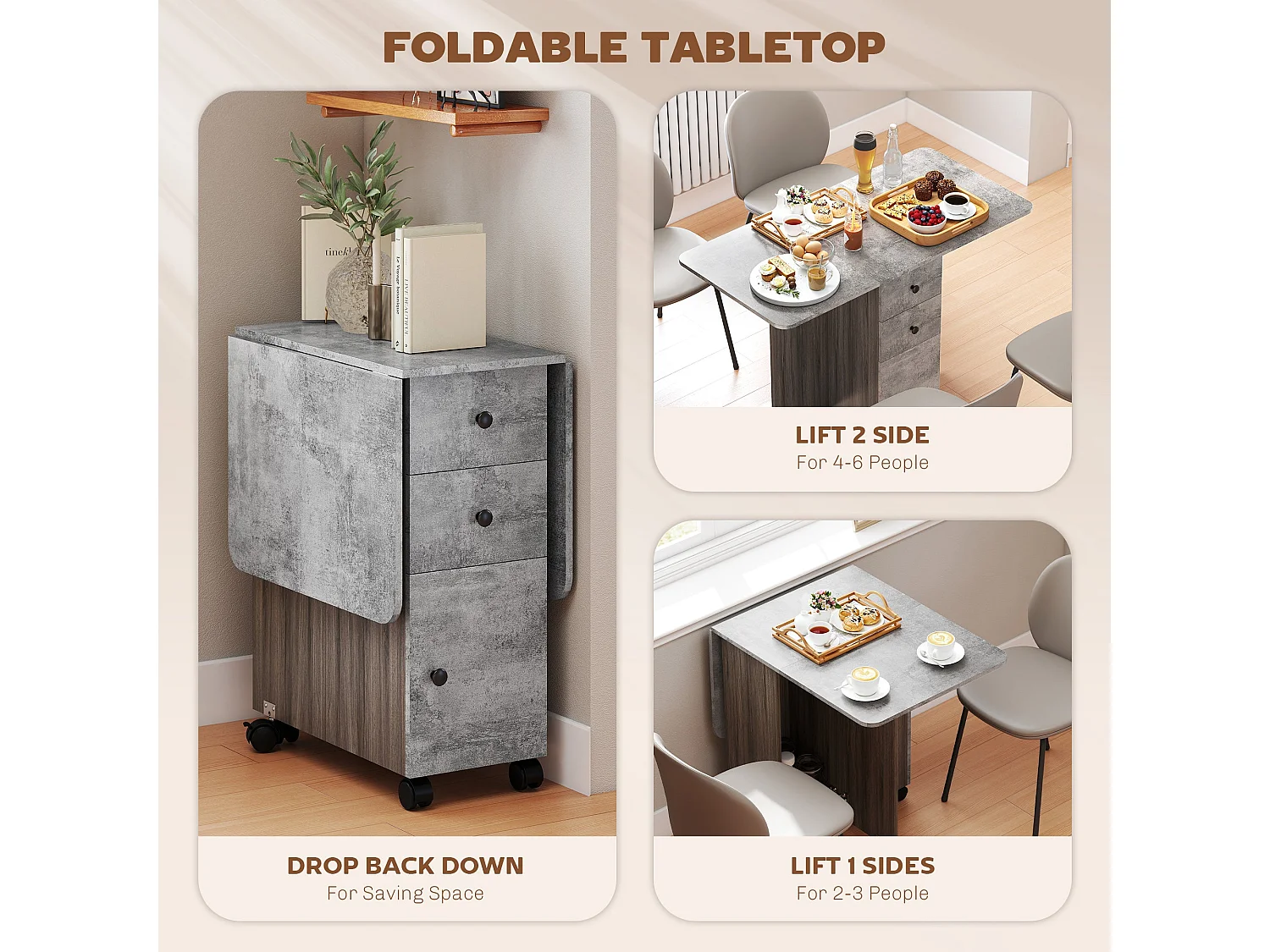 Dorette Mixed Grey Drop Leaf Dining Table with Storage Seats 4 6