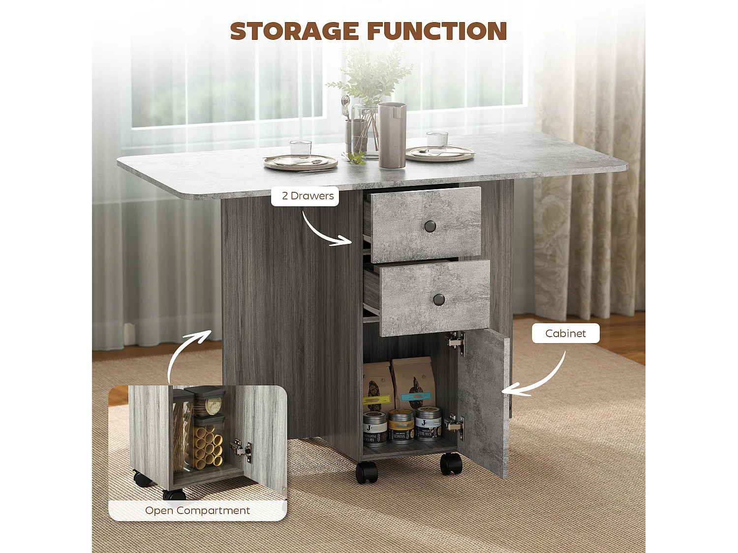 Dorette Mixed Grey Drop Leaf Dining Table with Storage Seats 4 6