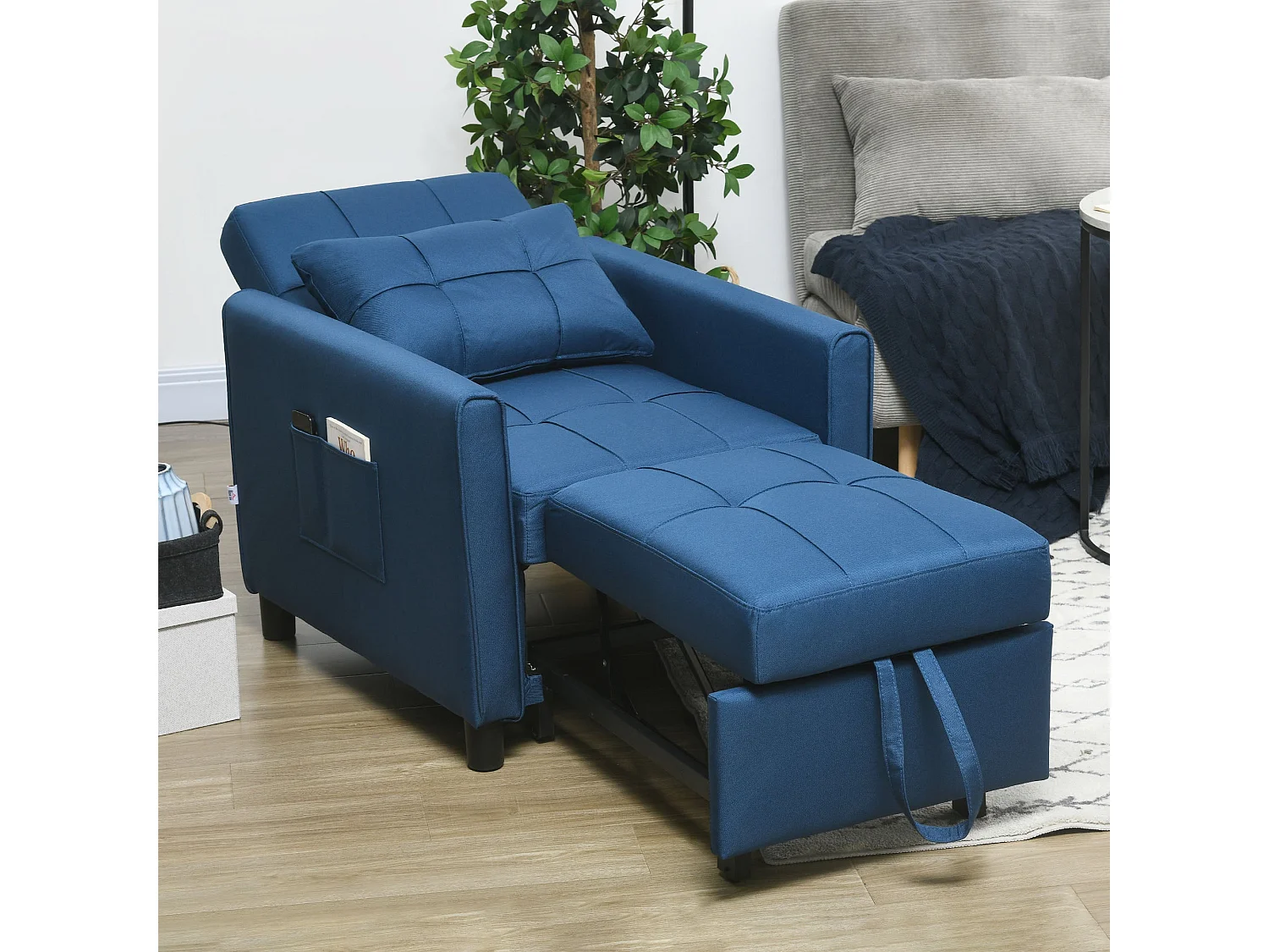 Haso Linen Look Dark Blue Single Sleeper Chair 3 Level Adjustable Backrest