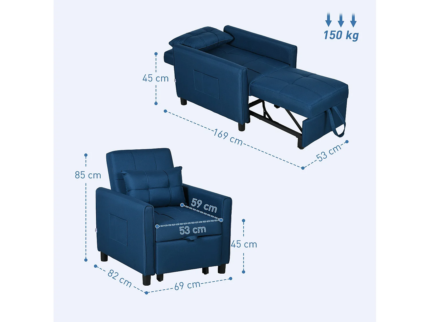 Haso Linen Look Dark Blue Single Sleeper Chair 3 Level Adjustable Backrest