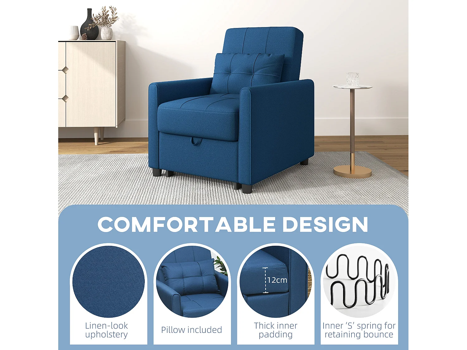 Haso Linen Look Dark Blue Single Sleeper Chair 3 Level Adjustable Backrest